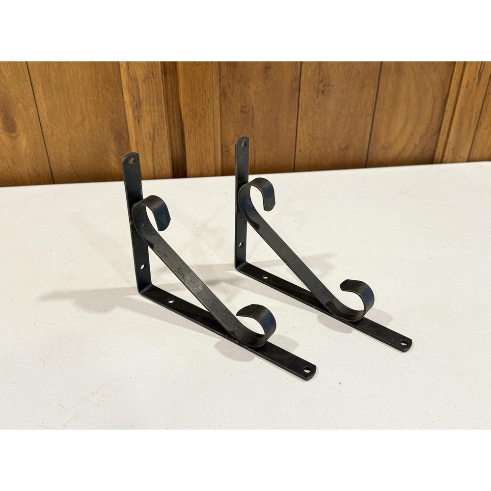 Pair Of Vintage Wrought Iron Scrolled Curl Ends Shelf Brackets